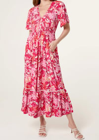 TROPICAL FLORAL STRETCH CREPE BUTTON DRESS