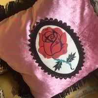 Image 4 of Red Rose Patch Pink Velvet Cushion Cover