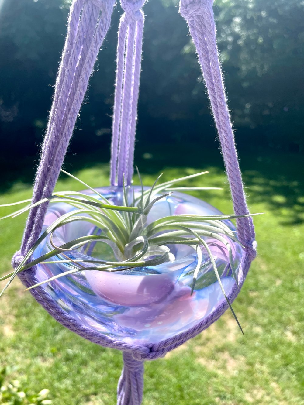 Macrame + Blown Glass Plant Hanger - Double Lavender