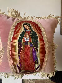 Image 2 of Pink Velvet Cushion with Virgin of Guadalupe appliqué patch