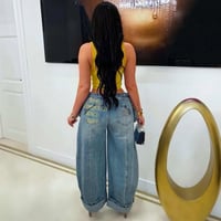 Image 3 of Double Waist Jeans (Blue/Yellow)