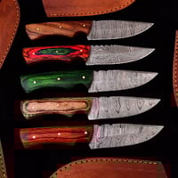 Image 2 of Set of 5 Handmade Damascus Steel Skinner Knives with Dollar Wood Handles & Cowhide Leather Sheaths
