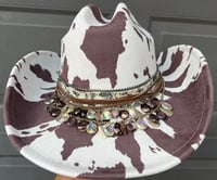 Image 1 of Cow Print Brown Cowboy Hat Layered Crystal & Chain Band 