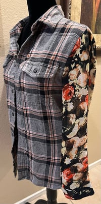 Image 3 of Vintage Funky Sleeve Black/Gray/Orange Flannel Shirt Floral Sleeves A Walk With My Cat