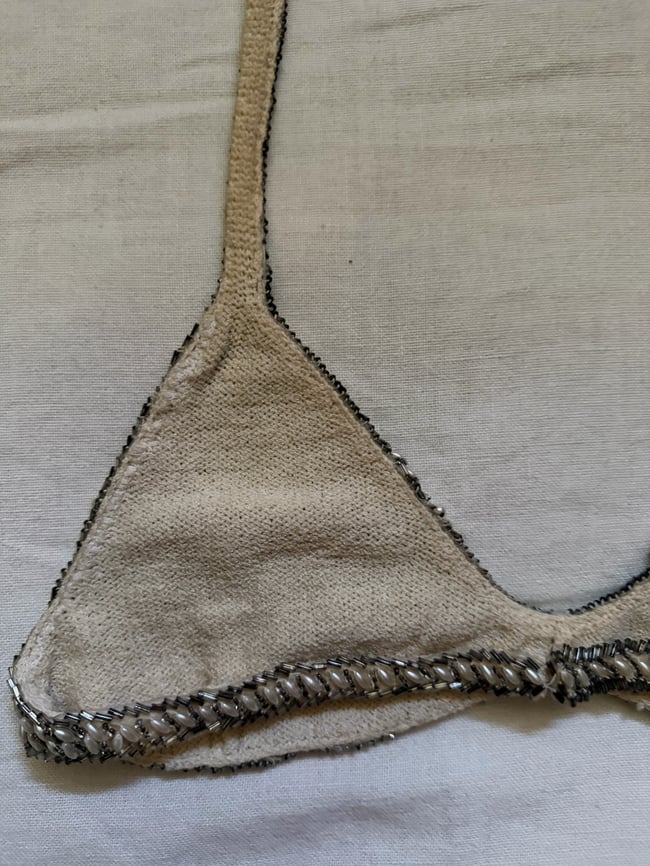 early 70s italian luxury knit trouser set w embellished bra top and sash belt