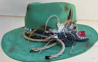 Image 3 of Handmade Torch Burned Green Fedora Hat, Rope & Feathers