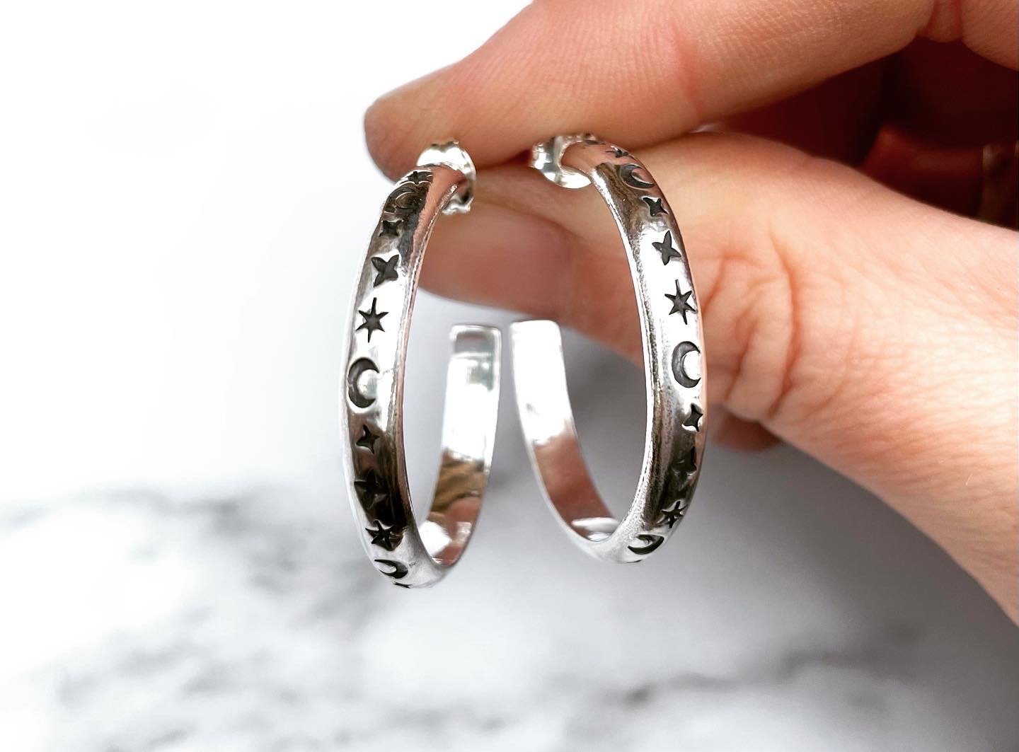 Image of Handmade Sterling Silver Celestial Star And Moon Hoop Earrings 925