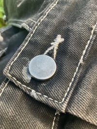 Image 8 of Upcycled Dungaree Dress with White Stencil Sayagata Pocket Design.