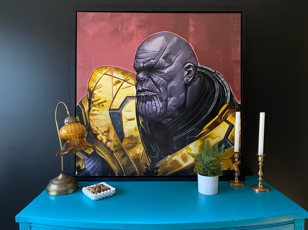 Image of “The Mad Titan” 36x36 oil on gallery wrapped canvas in float frame. 