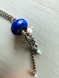 Image 3 of faceted lapis pendant with Kingman turquoise and pearl fringe