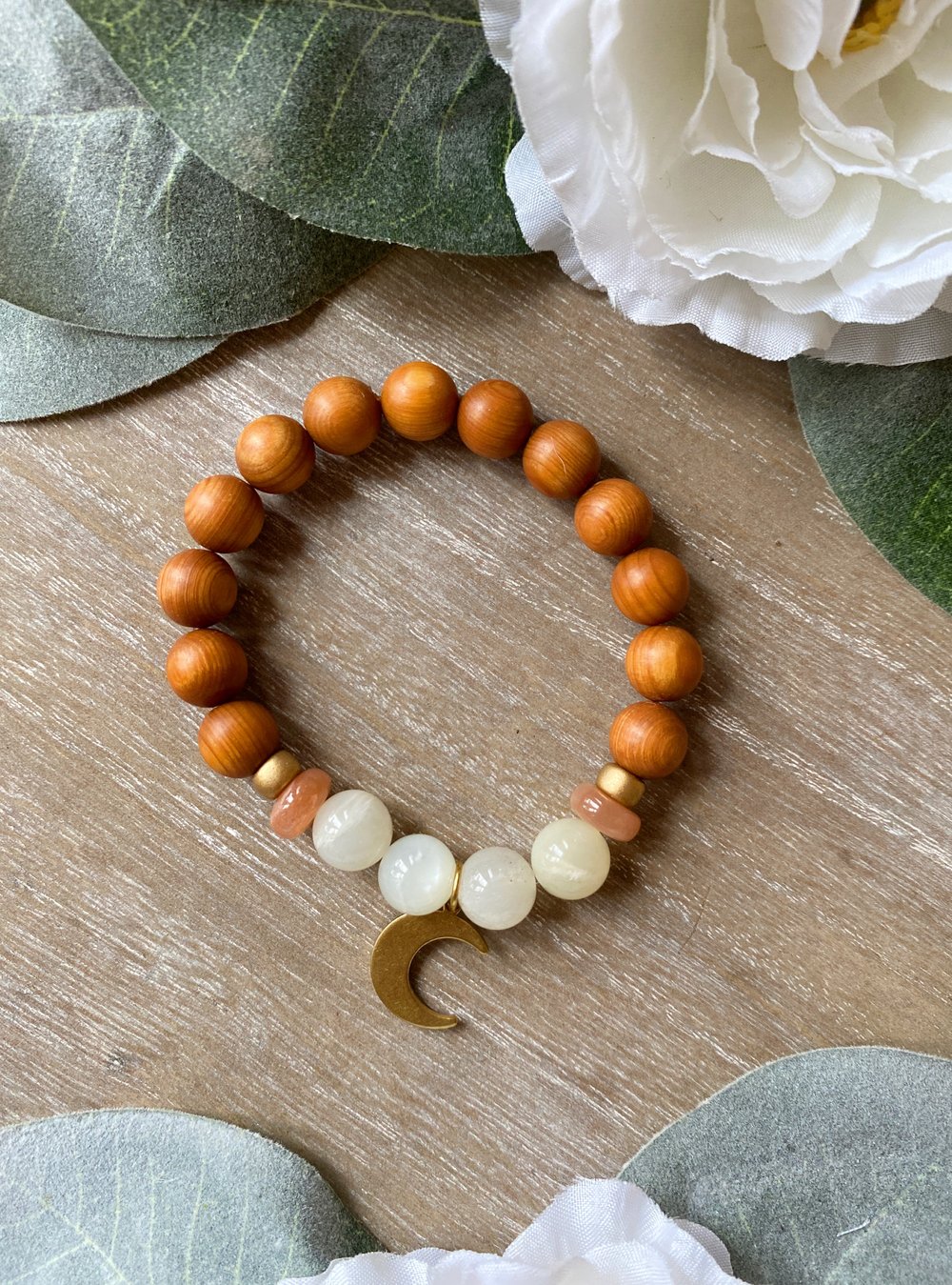 Image of Brass Crescent Moon with White and Peach Moonstone