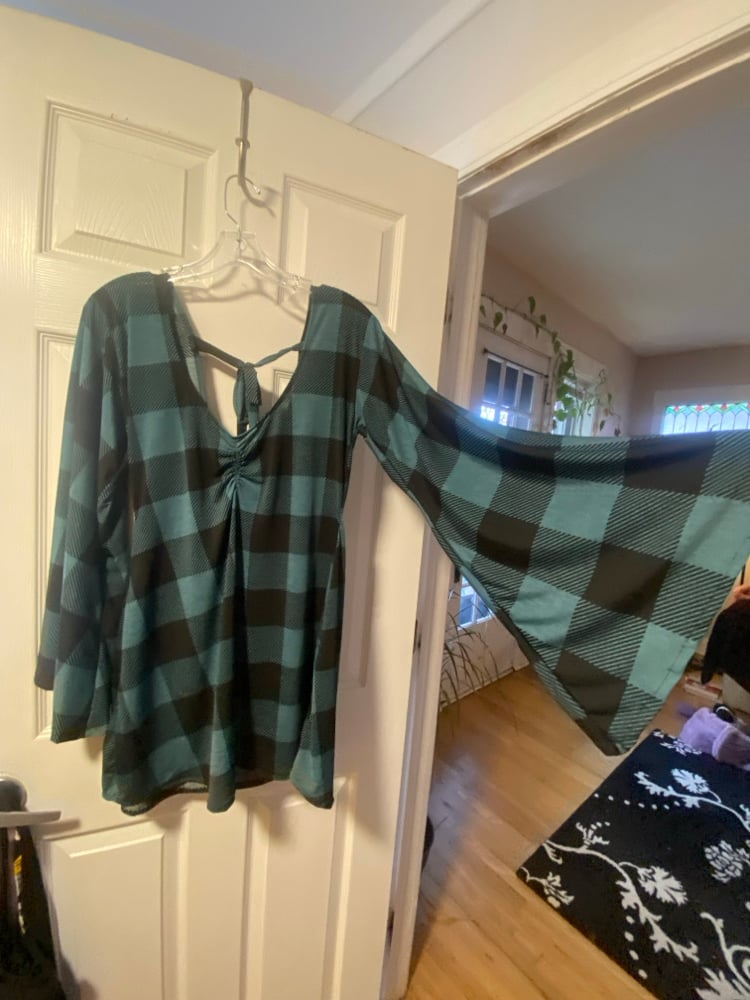 Image of Bell Sleeve Dress (teal plaid)