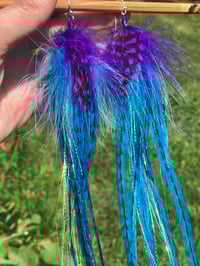 Image 2 of Feather Earrings, Festival Earrings, Colorful Dangle Earrings, Feather Drop Earrings Purple and Blue