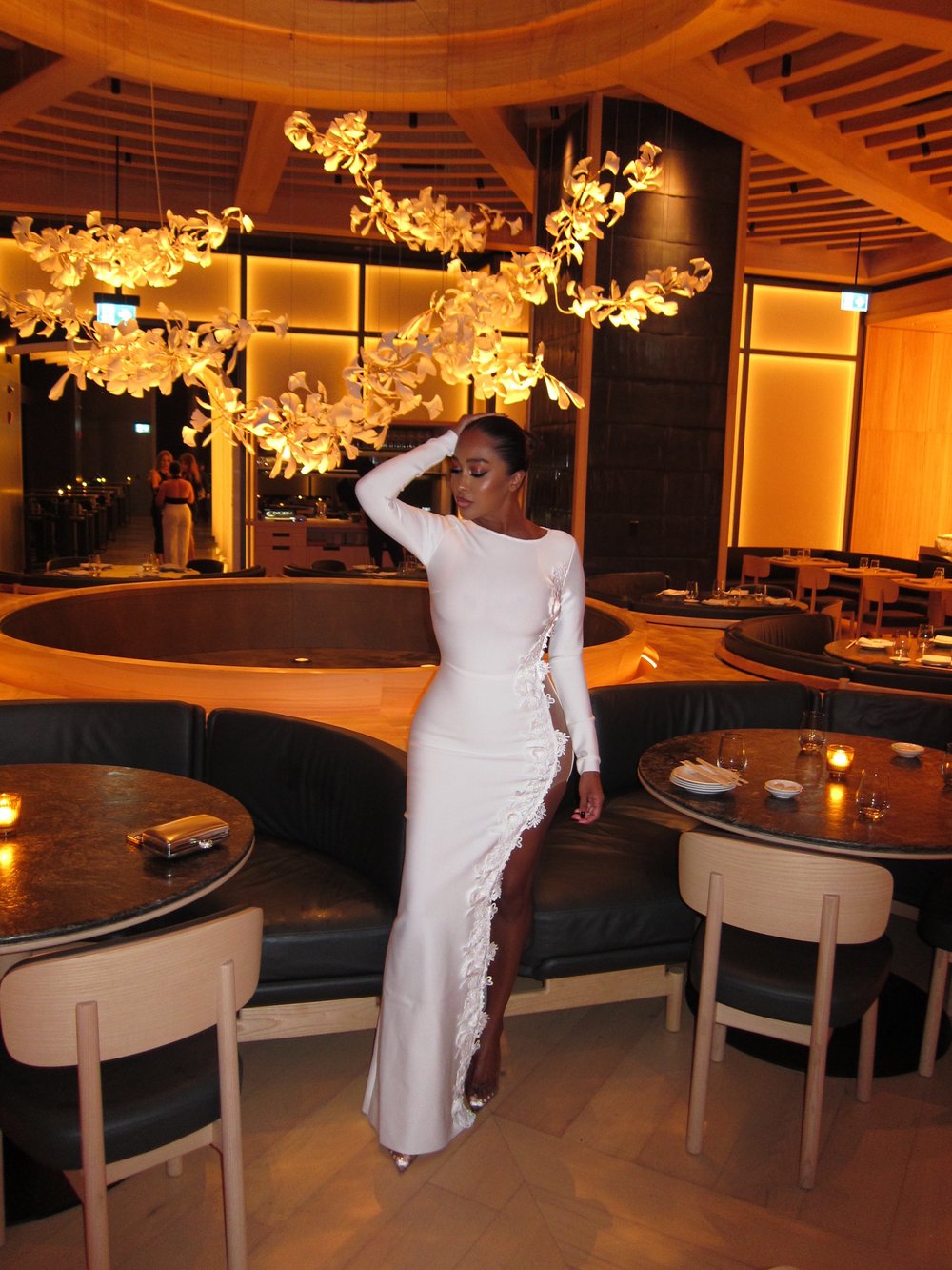 Image of WHITE BANDAGE GOWN WITH CROCHET FLORAL DETAIL (S)