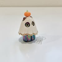 Image 4 of Glow in dark ghost mask, pumpkin, and spider black cat ceramic figurine (rainbow effect)
