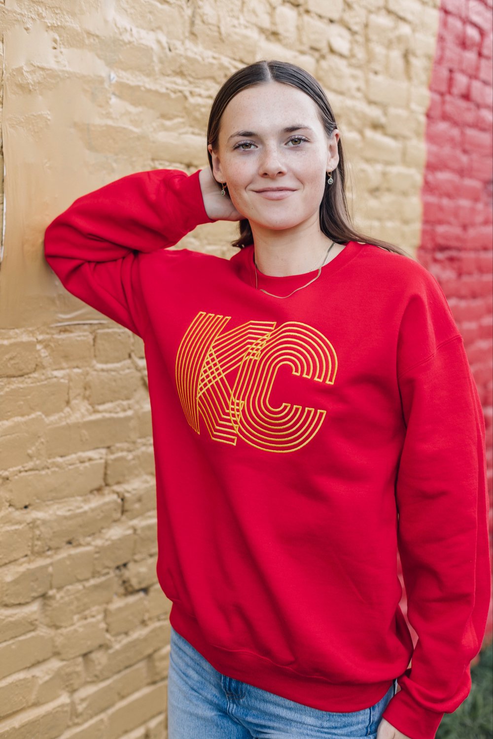 Image of KC's MAKING GROOVES RED/GOLD EMBROIDERED CREWNECK 