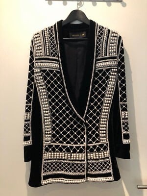 Image of BALMAIN x HM BLACK VELVET EMBELLISHED BLAZER DRESS (US 10/EU 40)