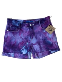 Image 2 of ♻️ UPCYCLED 8 Cuff Denim Shorts in Purple Haze Ice Dye