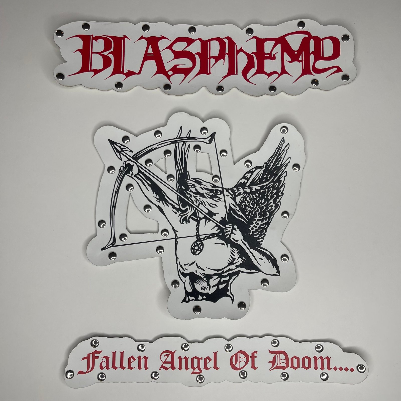 WHITE* Blasphemy - Fallen Angel Of Doom Carved Faux Leather Back Patch With  45 Studs Attached | Armed With Hammers Productions