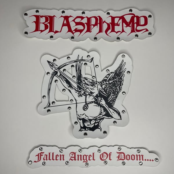 Image of *WHITE* Blasphemy - Fallen Angel Of Doom Carved Faux Leather Back Patch With 45 Studs Attached
