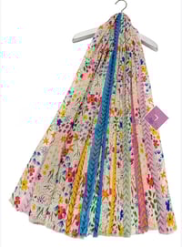 Playful Illustrated Flower & Stripe Frayed Scarf