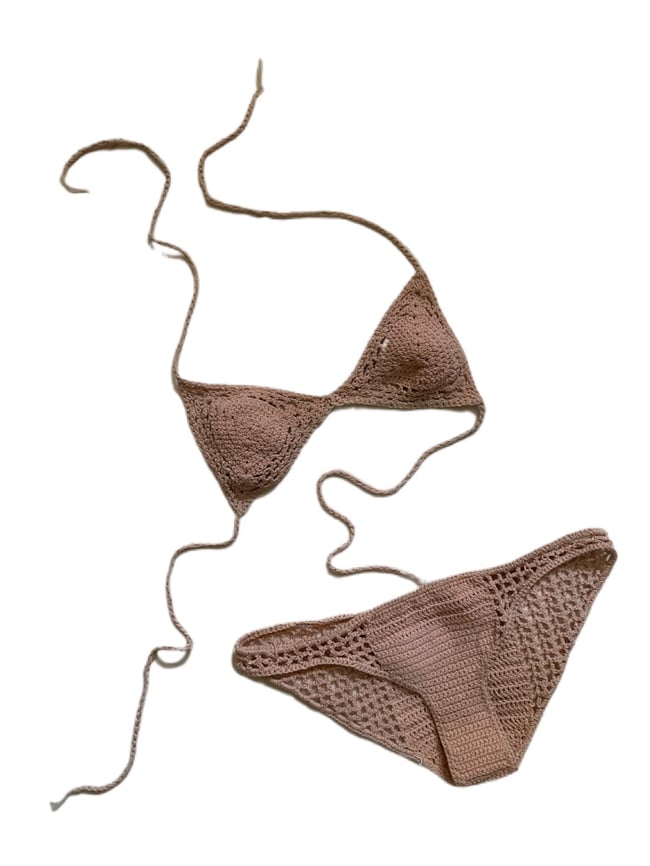 late 1960s dusty rose hand crochet bikini bathing suit