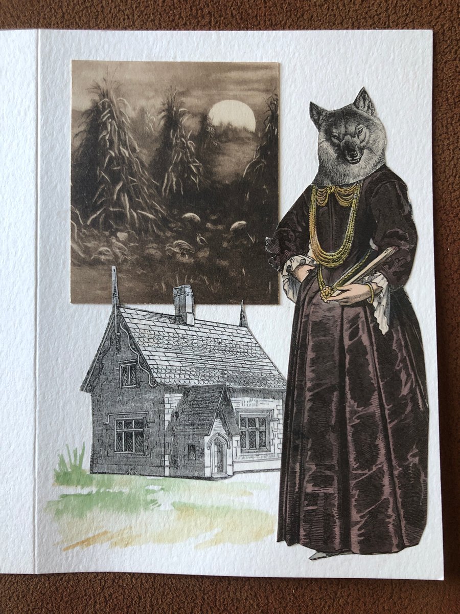 Image of The October Story Fine Art Collaged Greeting Card Anthropomorphic Dog Wolf in Dress Surreal