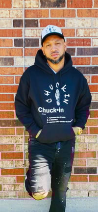 Image 2 of Chuckin Hoodie Black with White design 