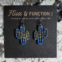 Image 1 of Wood Dangle Cactus Earrings with Poured Paint Detail #211