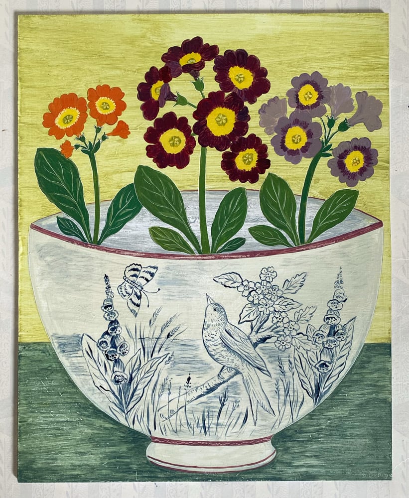 Image of Bird bowl and three Auriculas 
