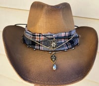 Image 1 of Two Tone Brown Cowboy Hat Bandanna and Layered Crystal Band 
