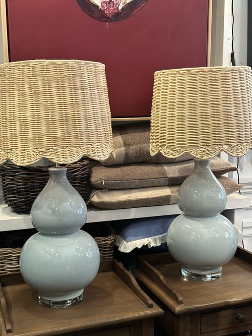 Image of Celadon Glazed Lamp with Rattan Scallop Shade