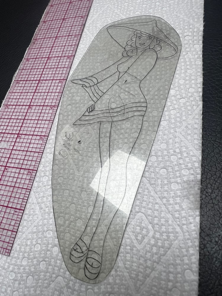 Image of Original 1950’s  “Painless Nell” Bowen Acetate Stencil 8”  “Pinup Girl” (Marked PN)