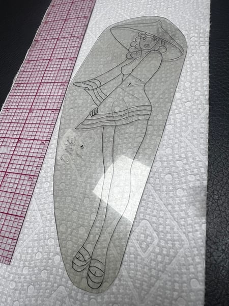 Image of Original 1950’s  “Painless Nell” Bowen Acetate Stencil 8”  “Pinup Girl” (Marked PN)