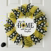 “Bless This Home” Daisy and Bumblebee Wreath – Yellow, Black & White