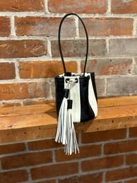 Image 4 of Black And White Striped Leather Top Handle Mini Bucket
