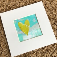 Image 2 of Mini Collage ~ Chartreuse Heart, Aqua ~ 4x4 Inch Mat 