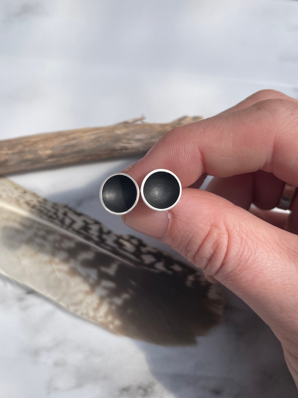 Handmade 10mm Black Hole Concave Sterling Silver Stud Earrings