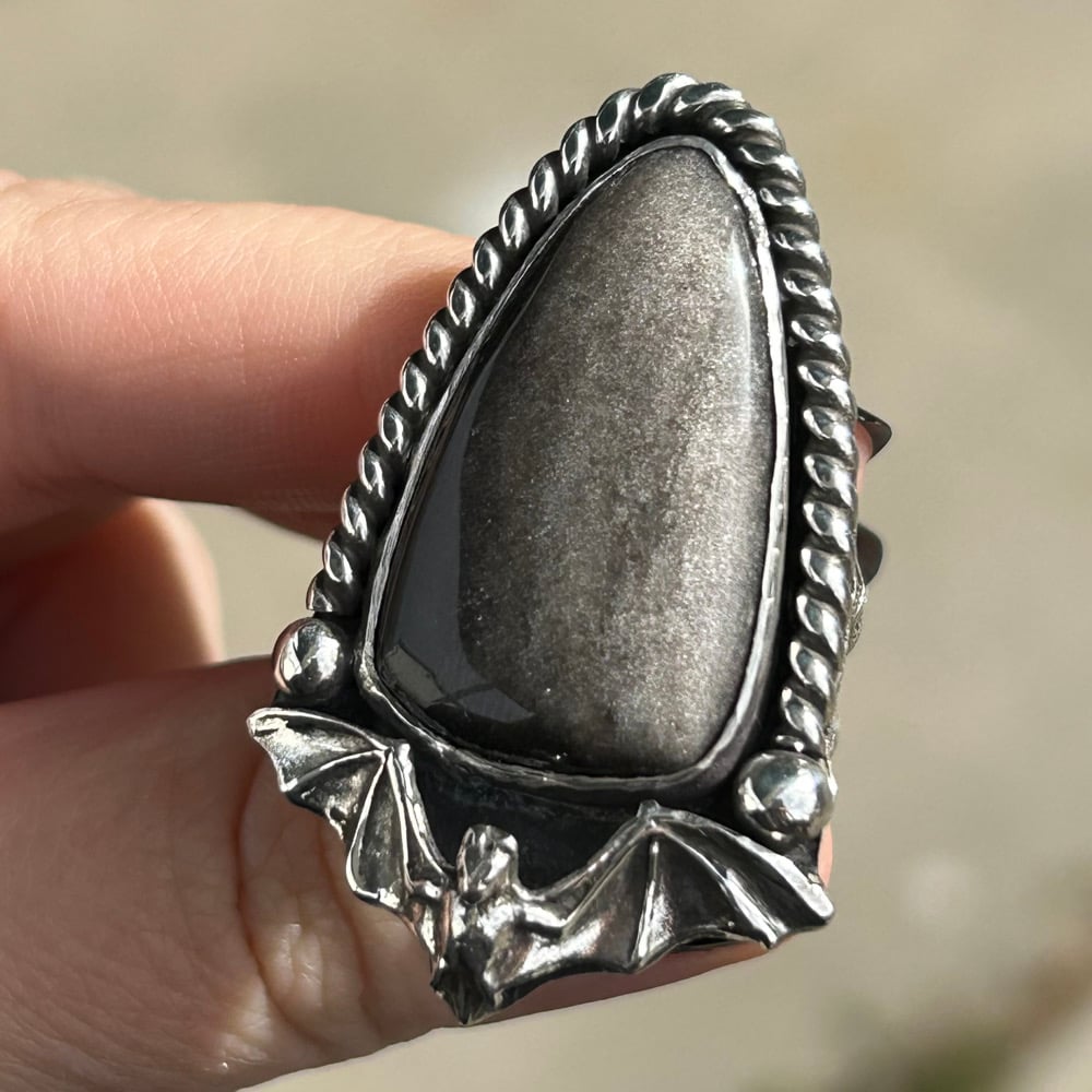 Image of Silver Sheen Obsidian Handmade Sterling Silver Bat Ring