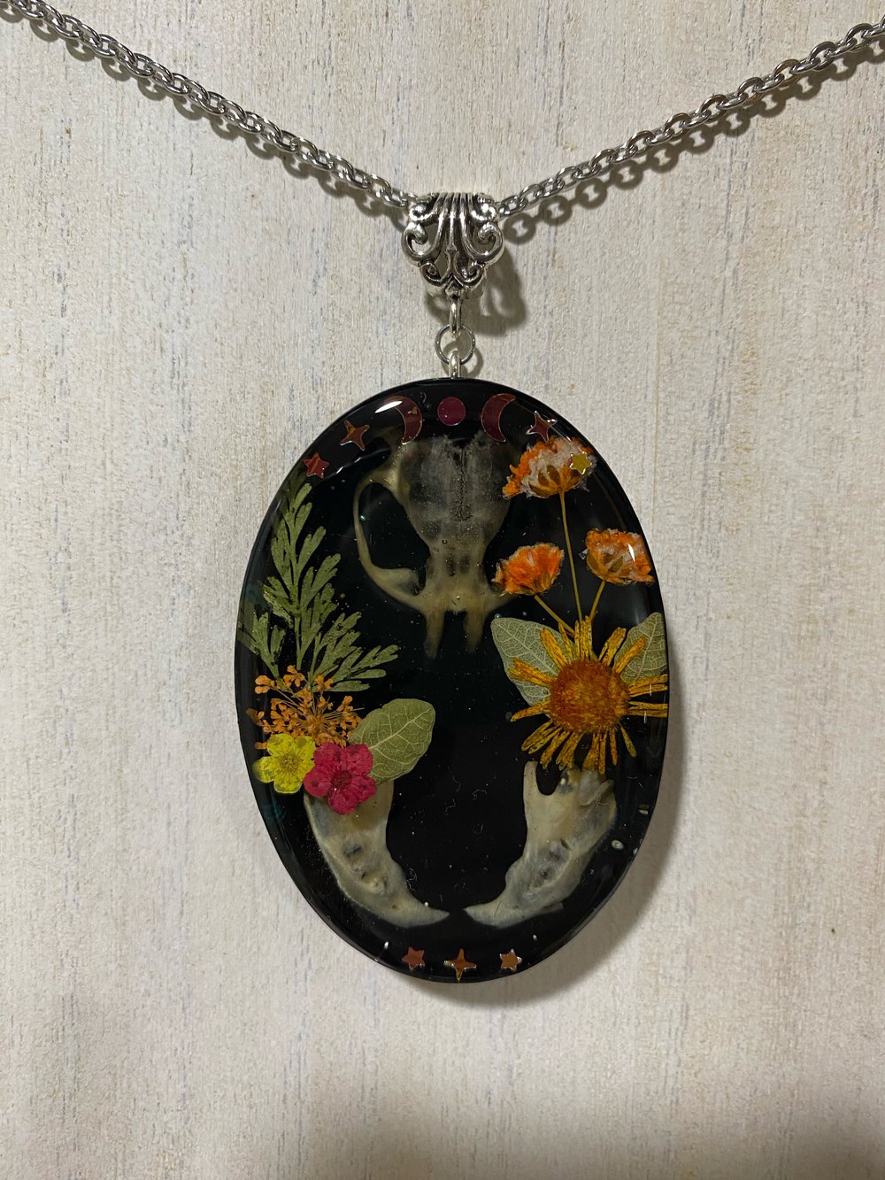 Rat skull and jawbone floral pendant 