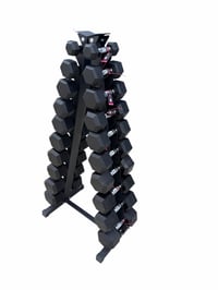 Image 4 of New pair of 5,10,15,20,25,30,35,40,45,50lb rubber dumbbells with A rack