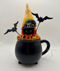Image 1 of Retro Flocked Halloween Cat in Cauldron