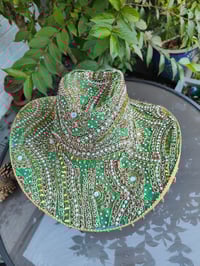 Image 2 of Dolly cowboy hat - recycled sari fabric Dark Green pearls