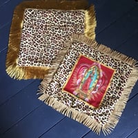 Image 12 of Leopard print fabric and red virgin of Guadalupe cushion cover with gold fringe or black fringe