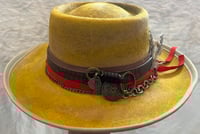 Image 1 of Mustard Pork Pie Style Hat, Layered  Band Feathers
