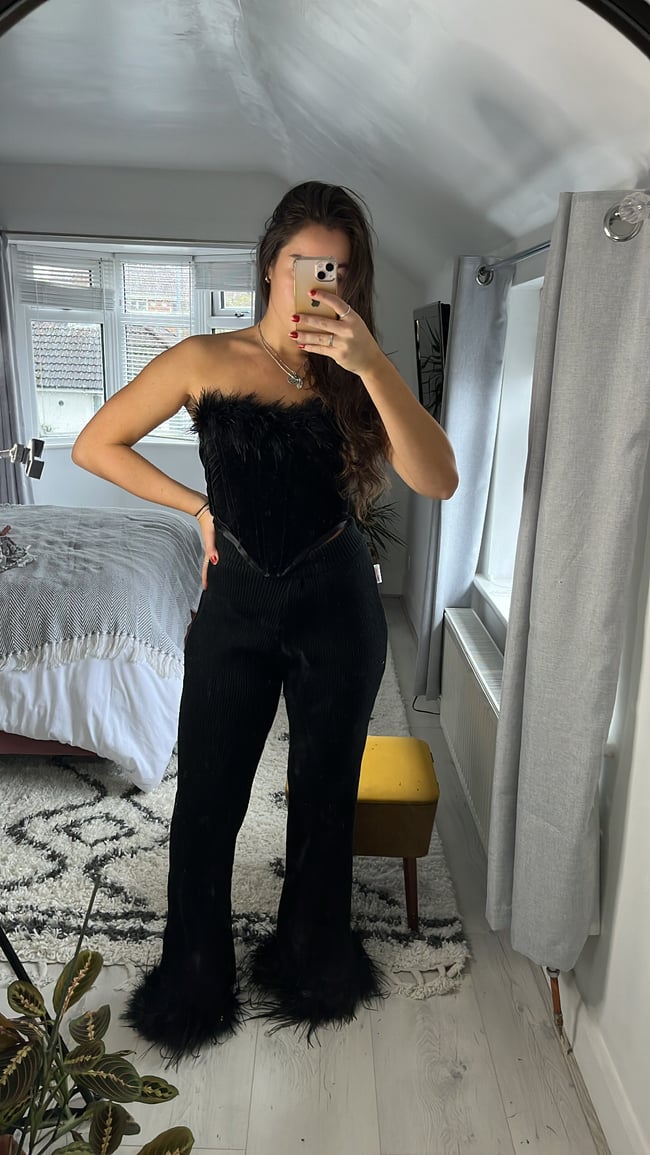 multiple colours* ribbed knit/or velvet feather trim flares 