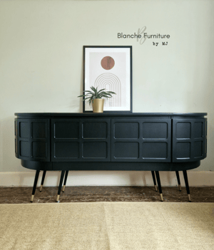 Image of Long Curved Nathan Sideboard in Black on Black and Gold tapered Legs