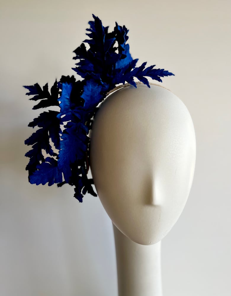 Image of Bright blue flocked leaves headpiece