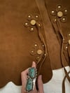 late 60s leather wrap skirt and vest set with flower details 
