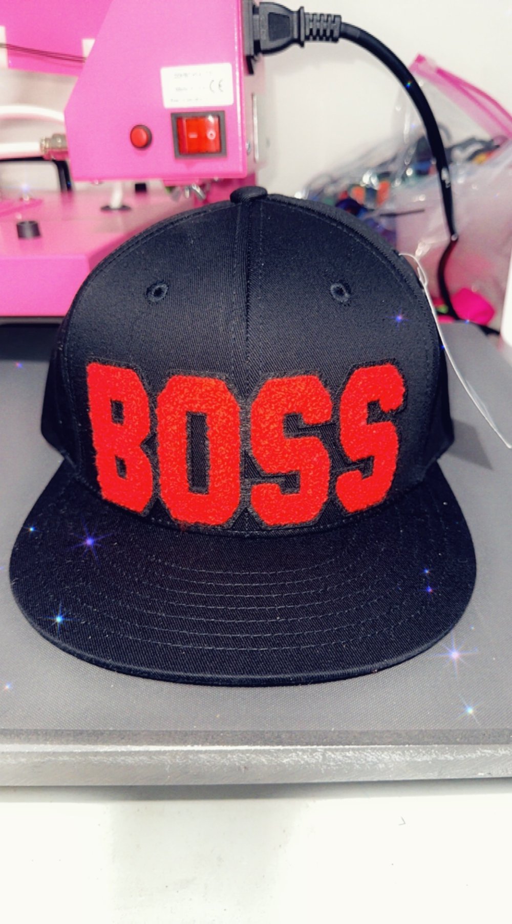 Image of Red & black  boss or orange & black snap back hats